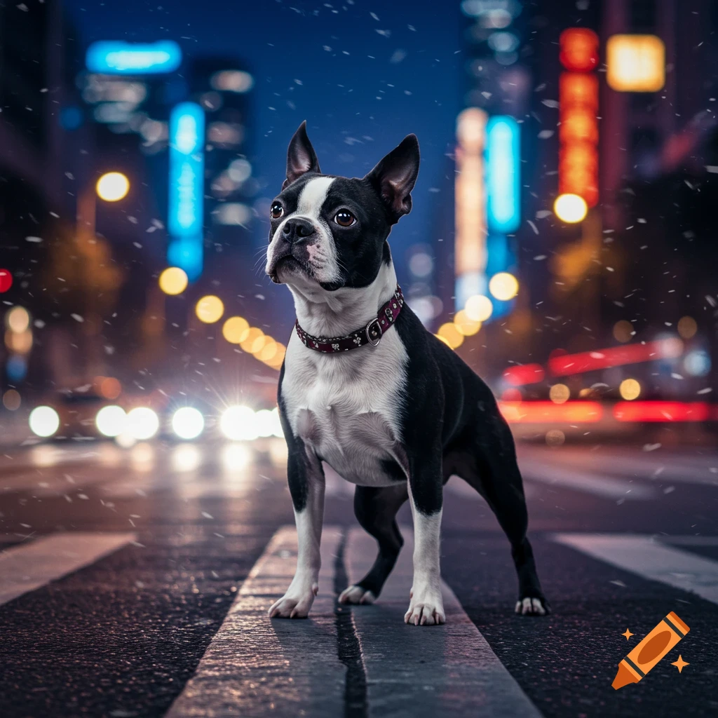 A photorealistic Boston Terrier stands on a wet city street at night, with blurred lights and falling snow.