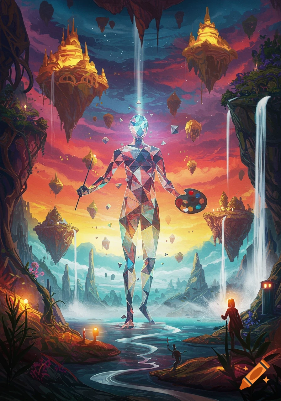 A large geometric figure holds a paintbrush and palette in a vibrant fantasy landscape with floating islands and waterfalls at sunset.