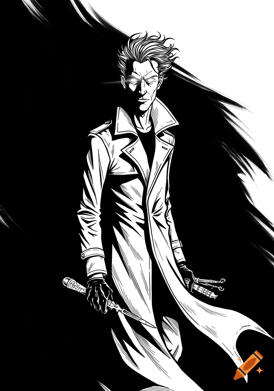 Black and white graphic novel illustration of a slender man in a trench coat with glowing white eyes, holding tattoo tools.