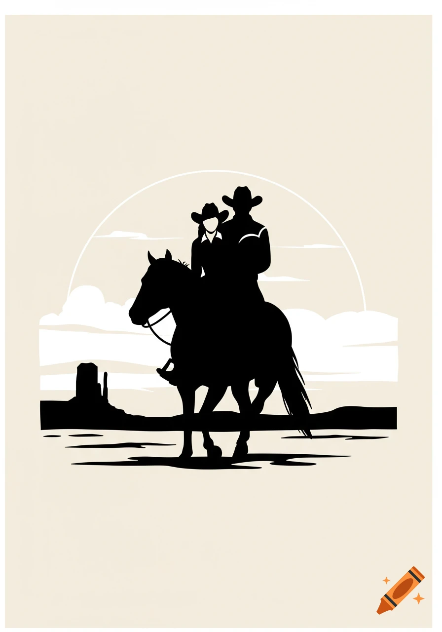 Black silhouette of a cowboy and cowgirl riding a horse in a desert landscape with a mesa under a large, circular sky.