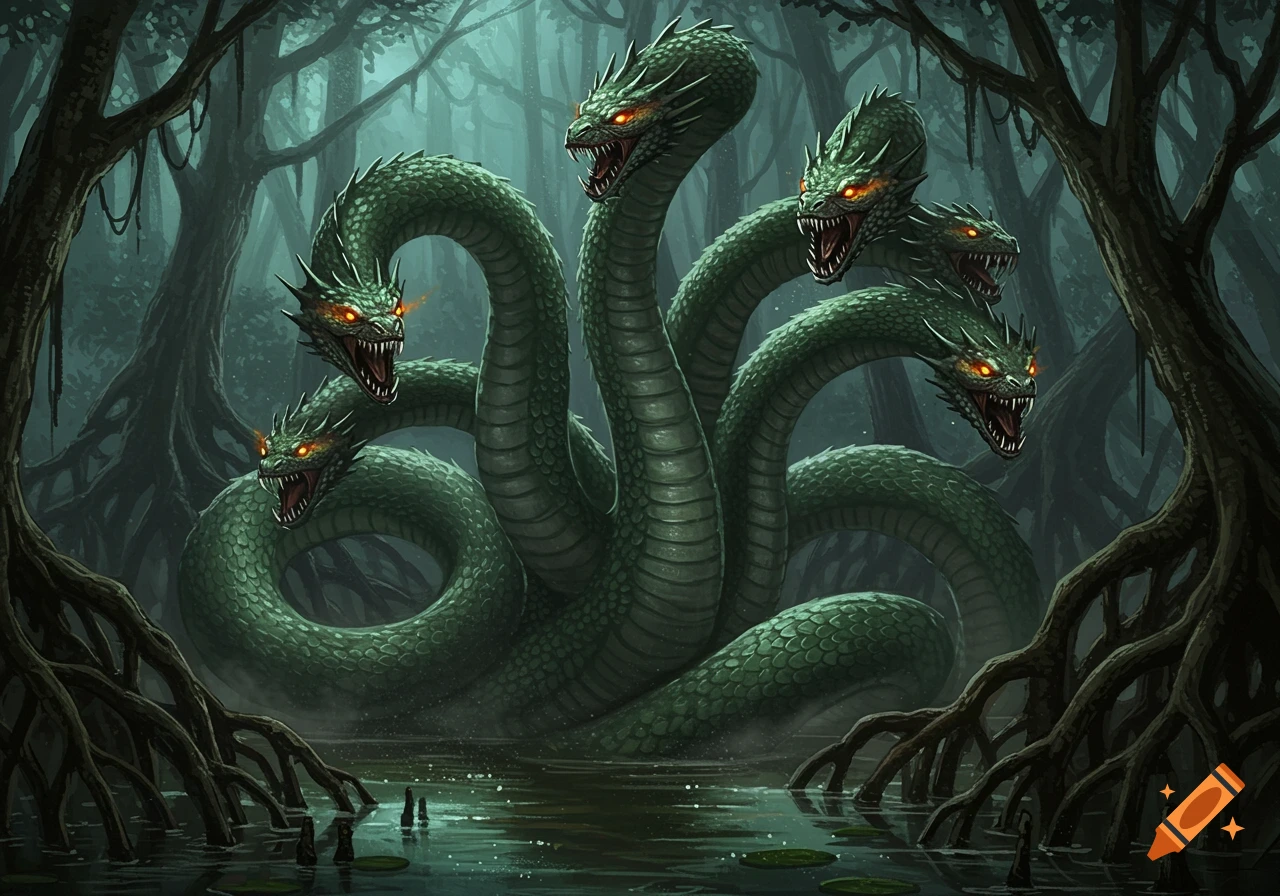 A green multi-headed Hydra creature with glowing eyes emerges from a dark, misty swamp filled with gnarled trees.
