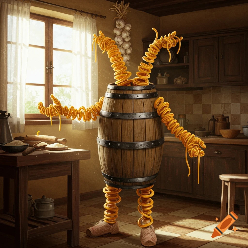A whimsical character with a wooden barrel body and coiled spaghetti for arms and legs stands in a rustic kitchen.