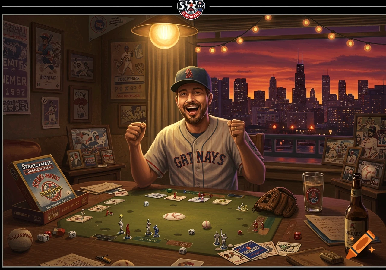 An excited man in a baseball jersey plays Strat-O-Matic Baseball board game in a room overlooking a Chicago city skyline at sunset. Baseball memorabilia adorns the walls.