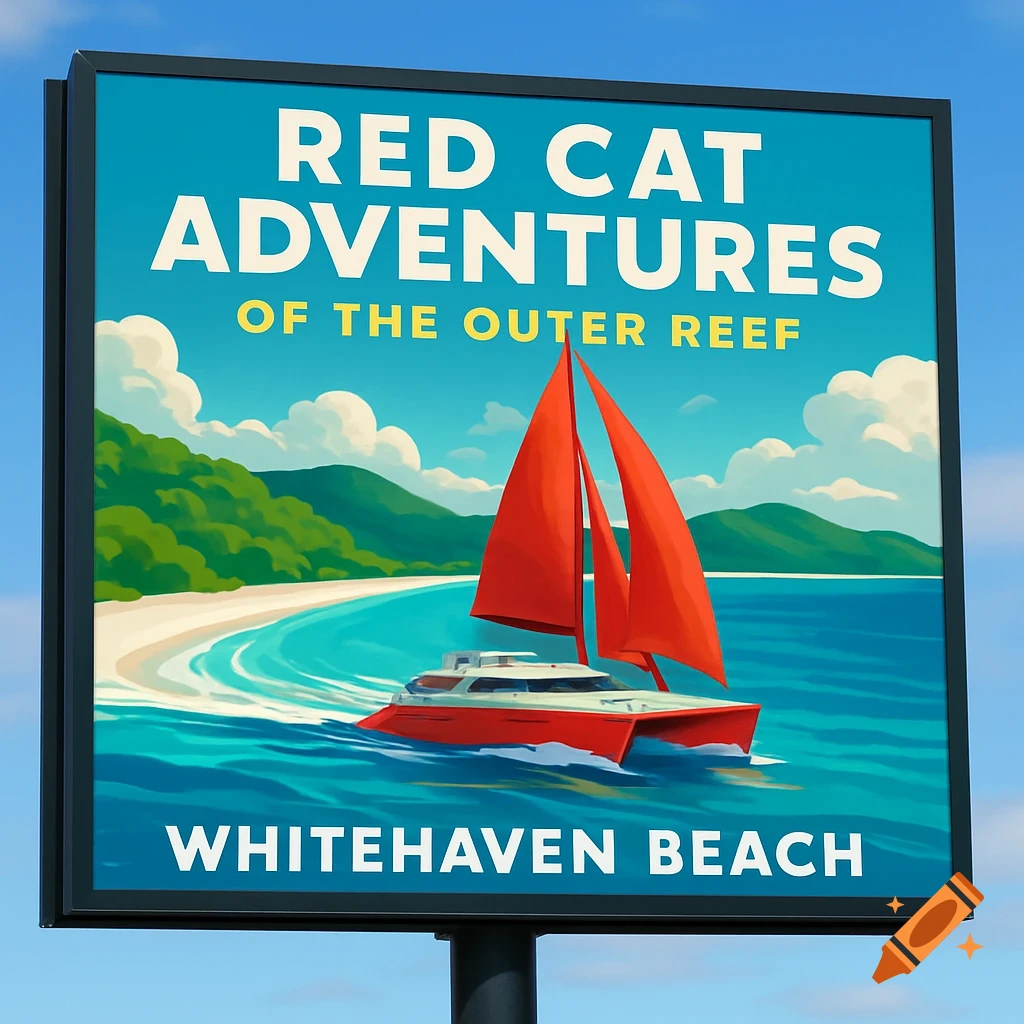 A billboard advertising Red Cat Adventures of the Outer Reef, showing a red catamaran sailing near Whitehaven Beach.
