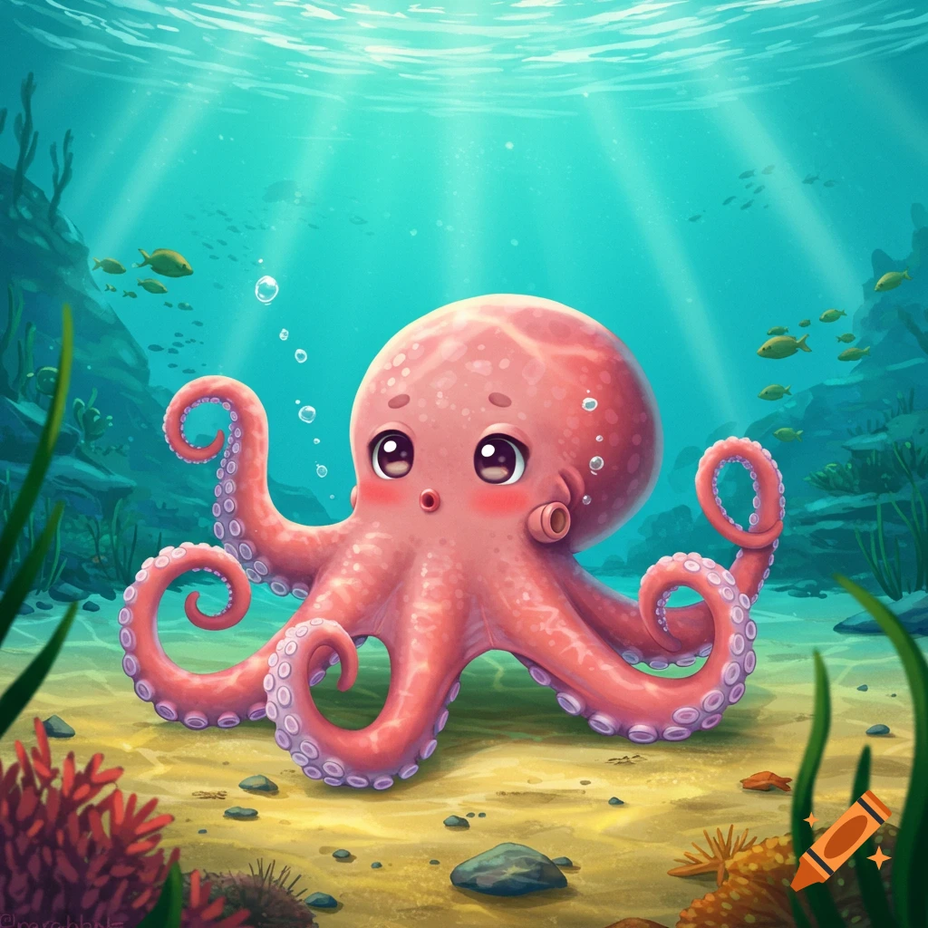 A cute, blushing pink octopus with large eyes sits on the sandy ocean floor surrounded by coral, rocks, and green sea plants. Sunbeams pierce the blue water from above, with small fish swimming in the distance.