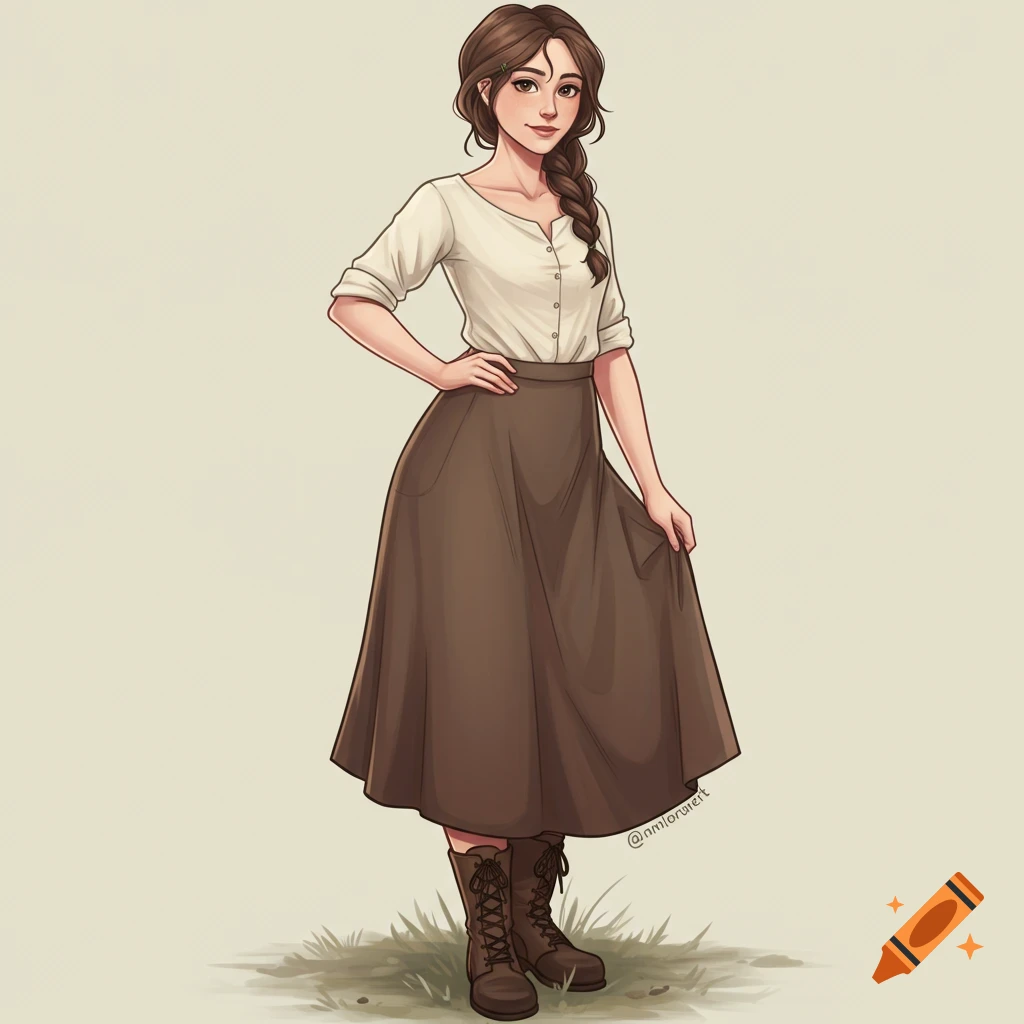 A full-body digital illustration of a young woman with brown braided hair, wearing a cream blouse, a long brown skirt, and lace-up boots, standing with a slight smile.