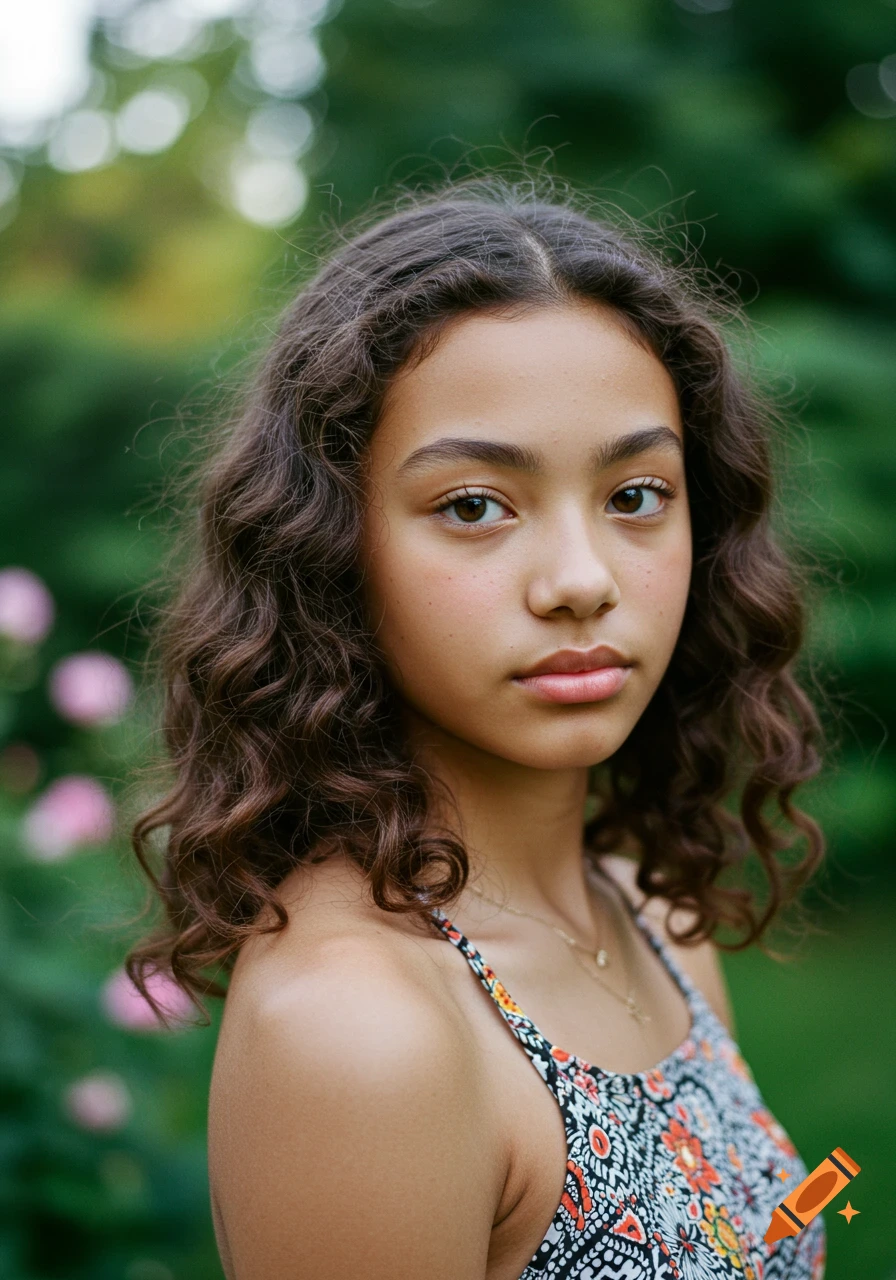 Close-up portrait of a young girl with curly brown hair looking at the camera against a blurred green background.