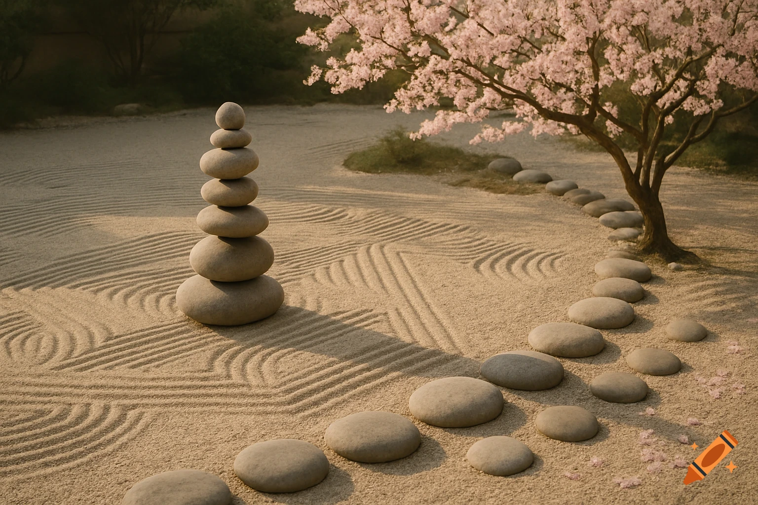 A serene zen garden with raked sand, a tall stone cairn, stepping stones, and a pink cherry blossom tree.