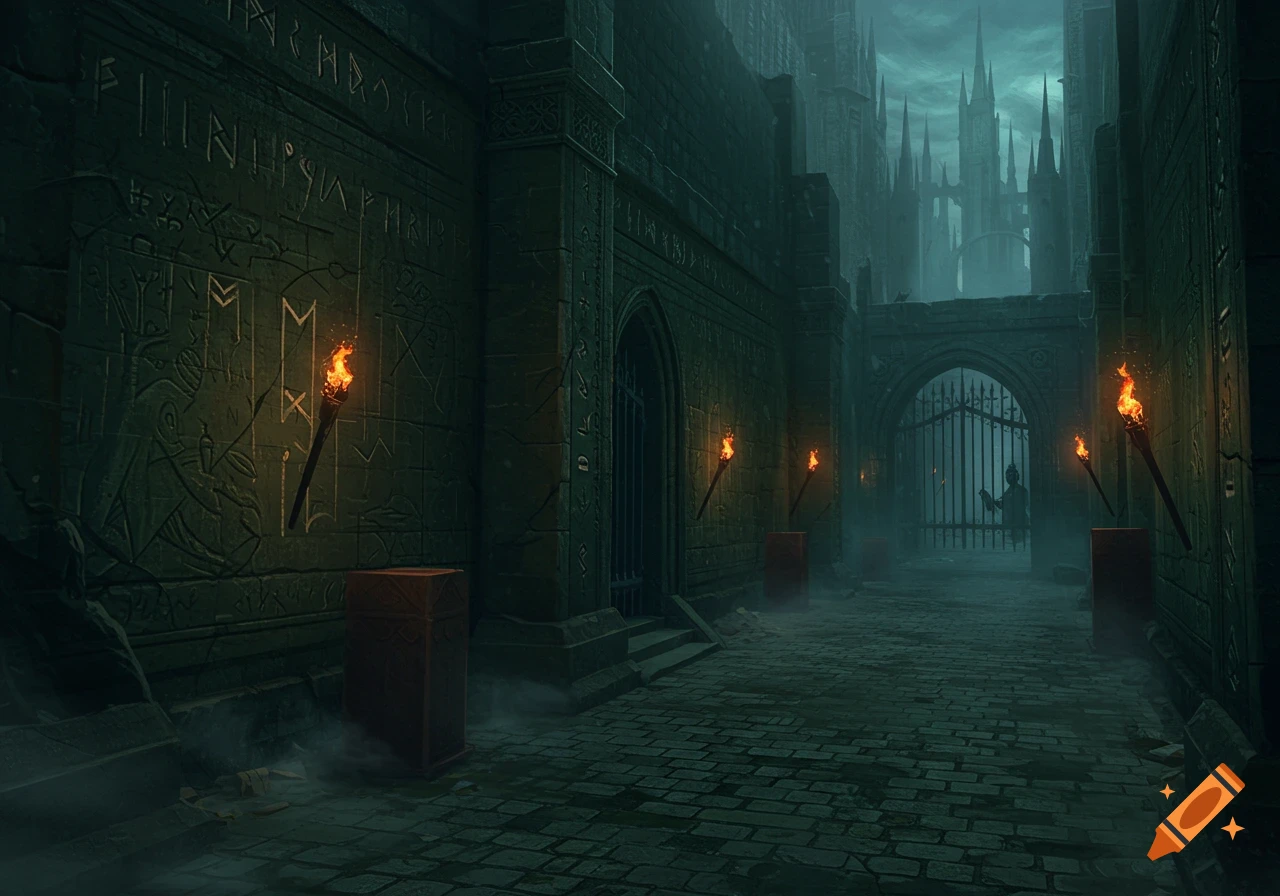 A dark, torch-lit gothic alleyway with ancient runes on the wall, leading to a large iron gate and distant castle spires.