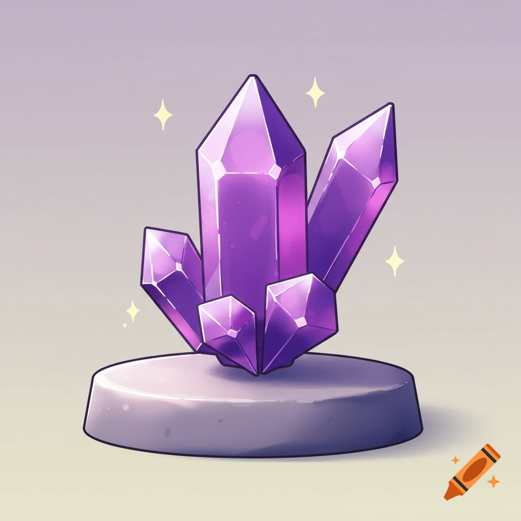 A cartoon-style cluster of glowing purple crystals on a round grey base, with sparkling effects.