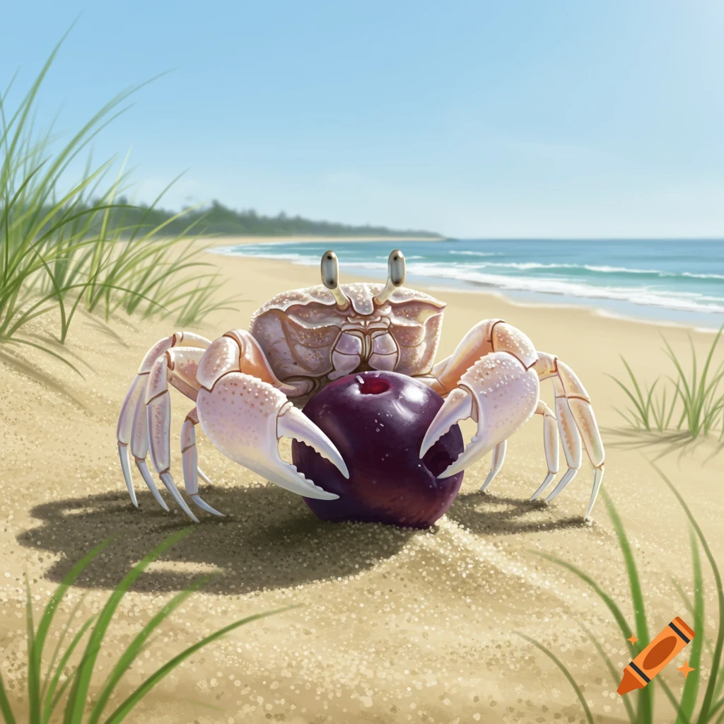 A light-colored ghost crab on a sandy beach holds a dark purple huckleberry with its claws, with ocean waves in the background.