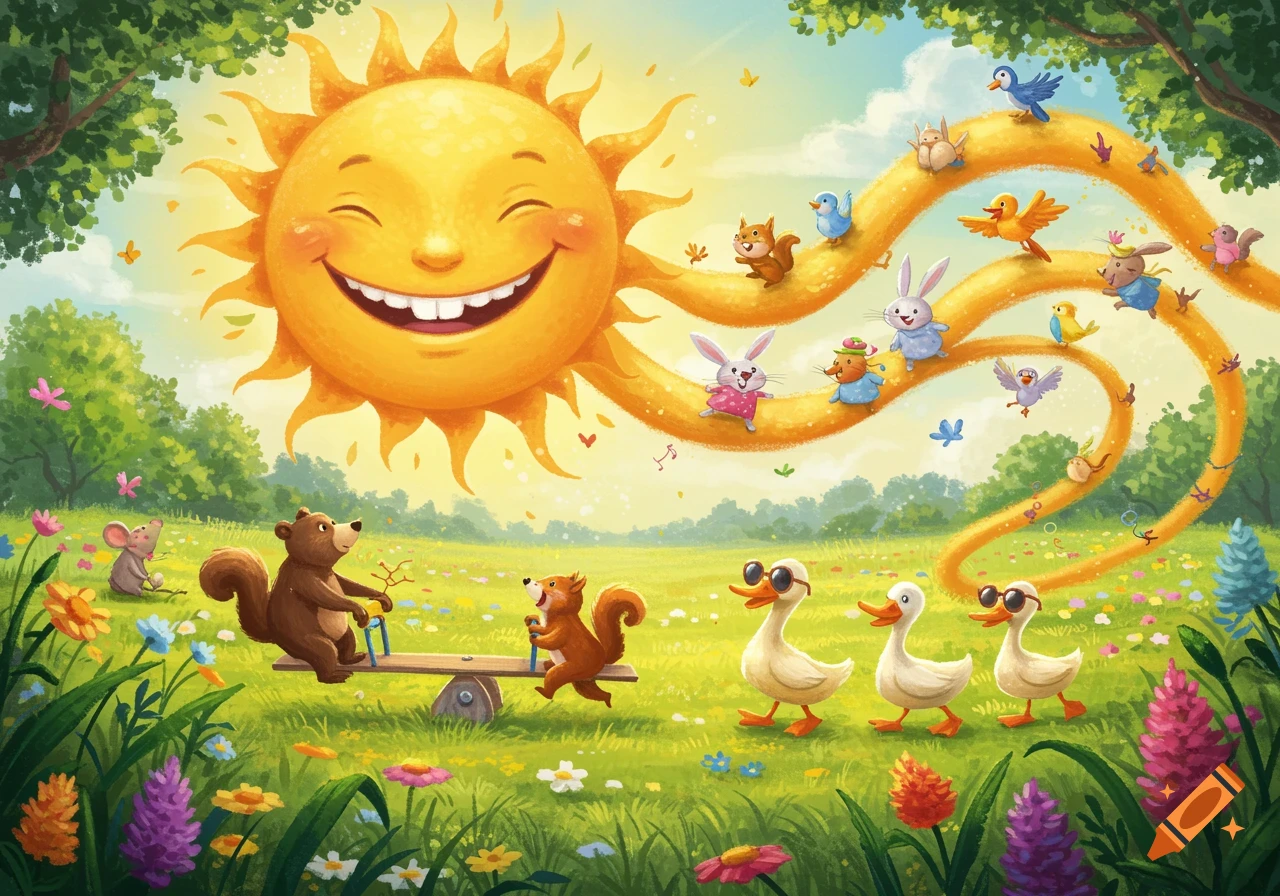 A cheerful illustration of a smiling sun and cartoon animals, including a bear and squirrel on a seesaw, in a vibrant, flowery meadow.