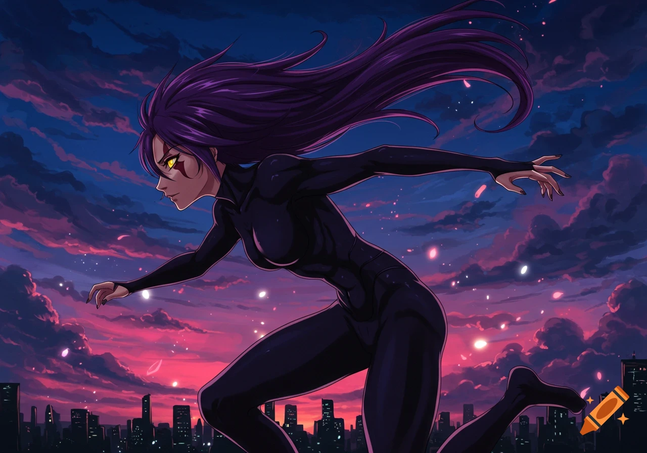 Anime character Yoruichi with long purple hair, wearing a black suit, leaps across a city skyline at sunset.
