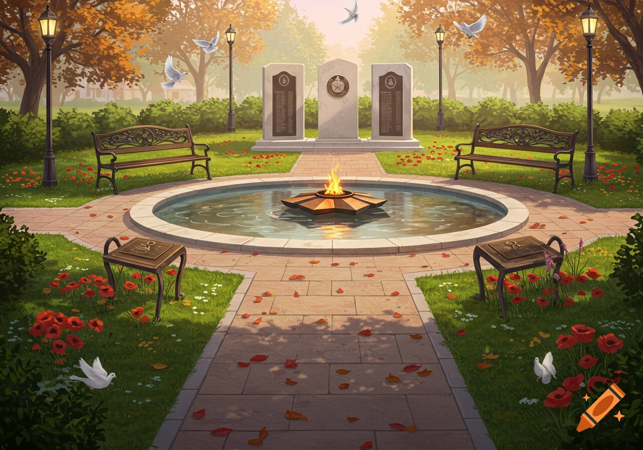 An illustrative scene of a veteran's memorial park with three stone monuments, a central fountain with a burning flame, benches, autumn trees, red poppies, and white doves.