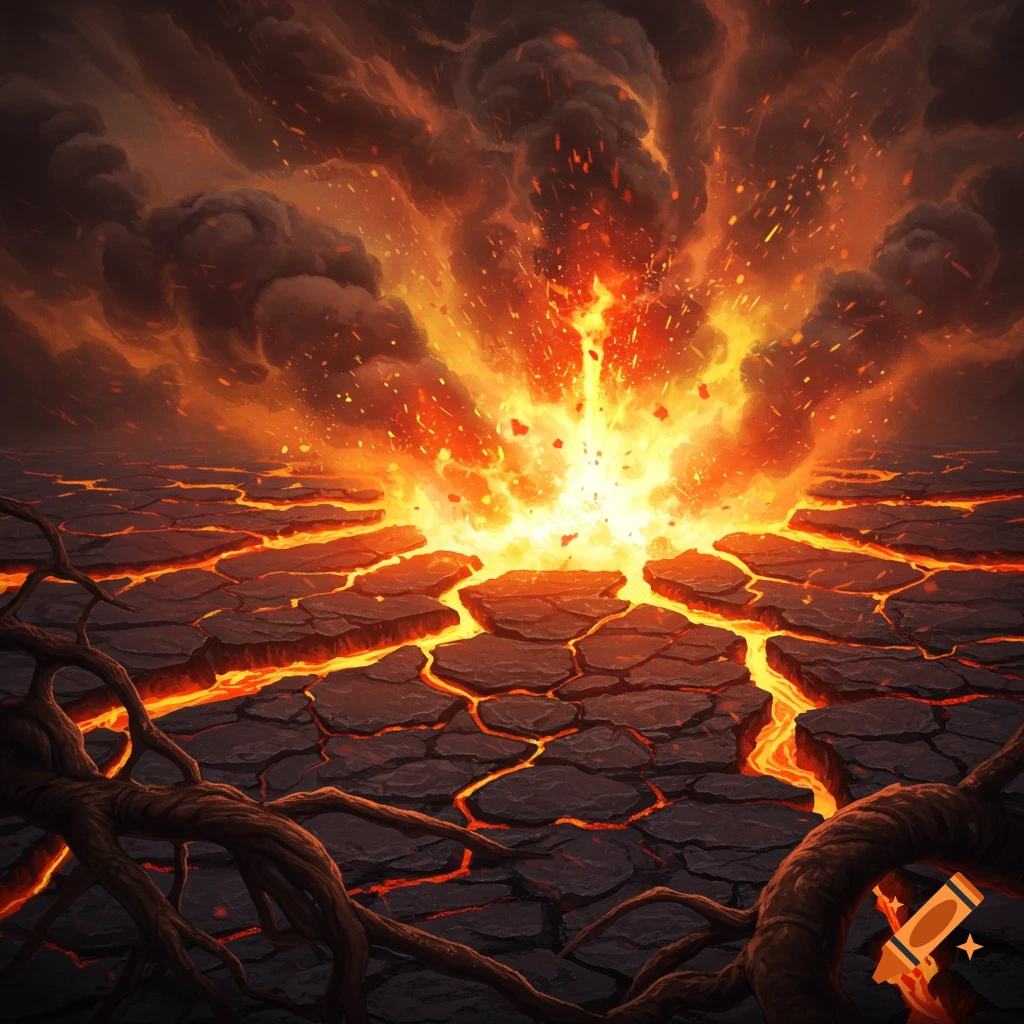 A fiery explosion bursts from cracked lava ground, filling the sky with smoke and embers. Dramatic fantasy art.
