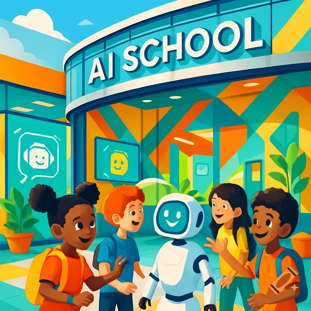 Vibrant cartoon illustration of diverse kids and a robot outside an AI school building, talking.