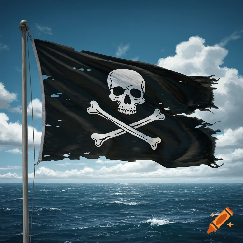 A tattered black pirate flag with a white skull and crossbones flies on a flagpole over a blue ocean under a cloudy sky.