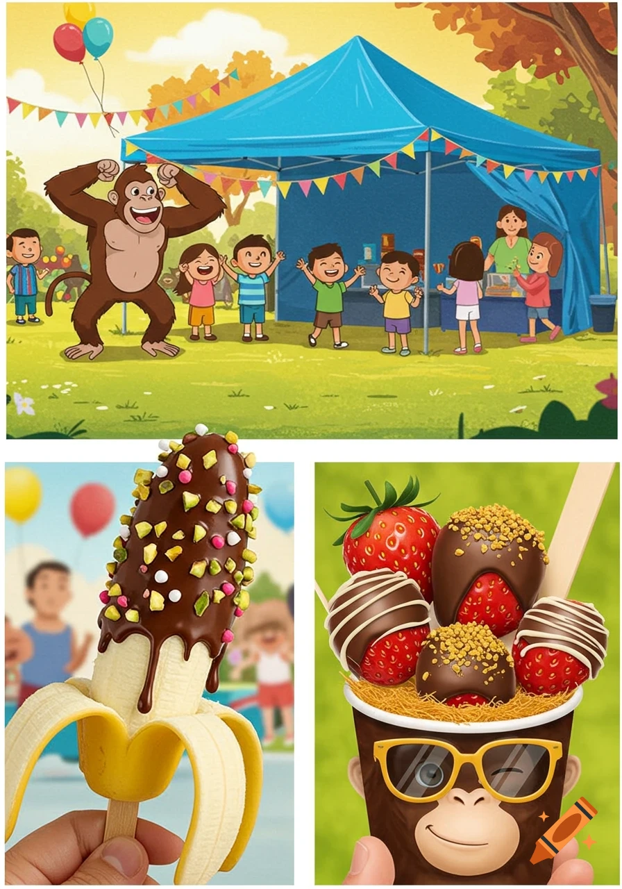 Cartoon collage featuring a happy festival scene with a dancing monkey and children, alongside close-ups of chocolate-covered banana and strawberries.