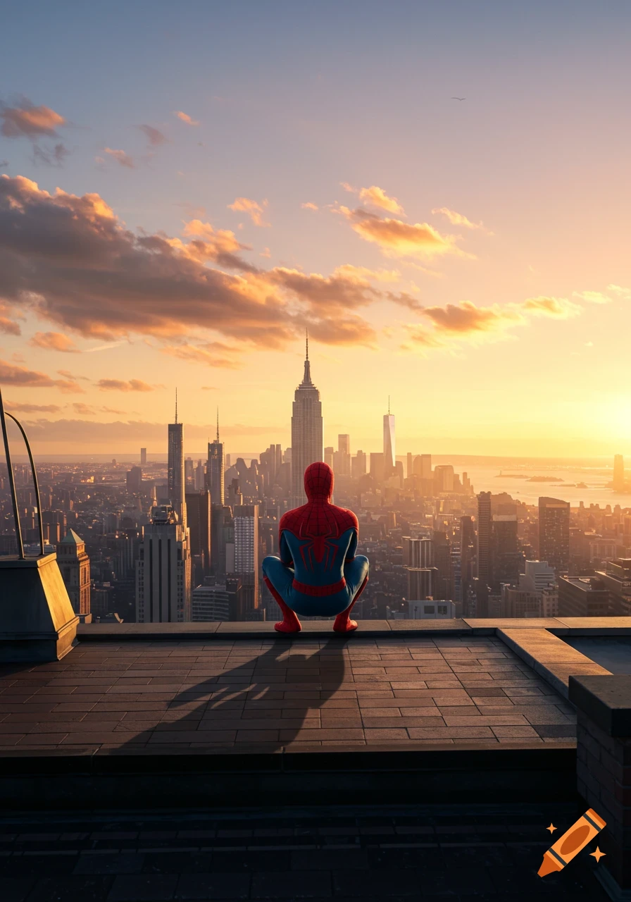 Photorealistic image of Spider-Man in his suit, crouched on a rooftop, overlooking a vast city skyline at sunset.