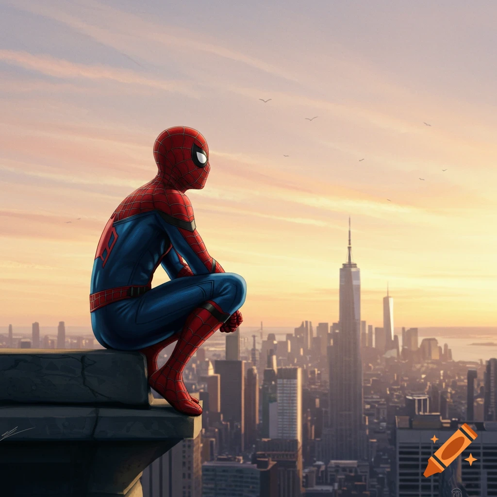 Illustrative Spider-Man in a red and blue suit crouching on a skyscraper ledge, gazing at a cityscape bathed in warm sunset light.