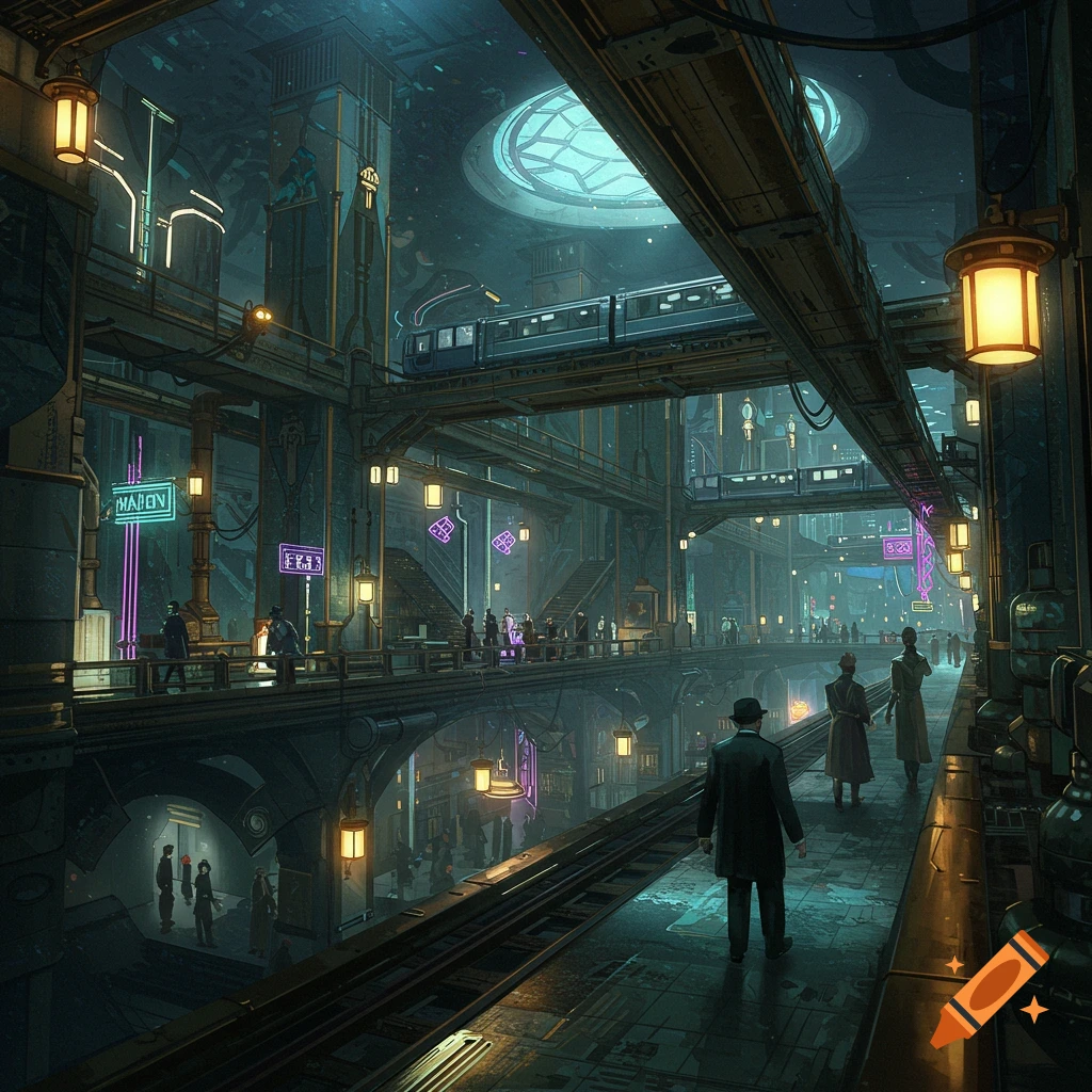 A moody decopunk underground city with a train on an elevated track, multiple levels of walkways, and pedestrians.