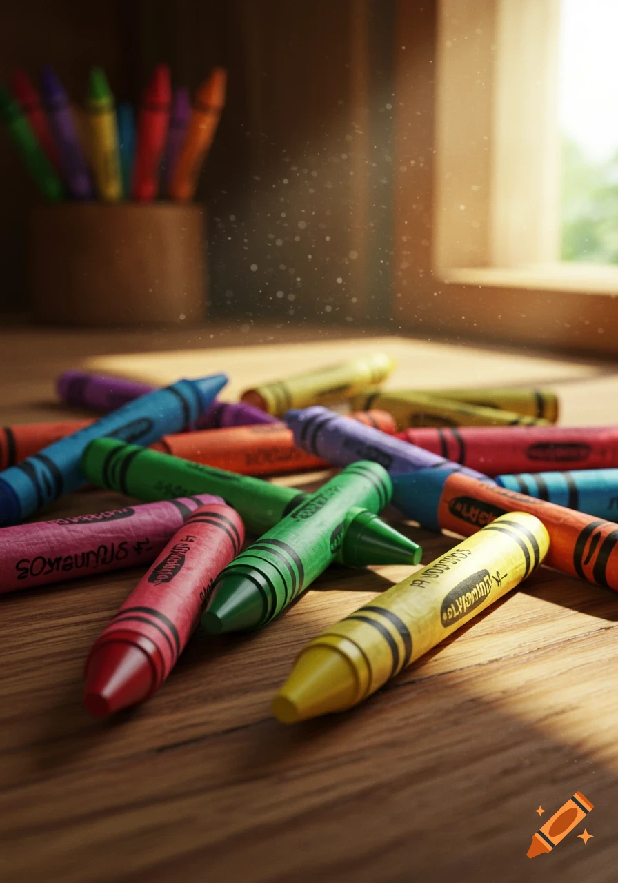 Colorful crayons scattered on a wooden table with sunlit dust particles and a crayon holder in the background, photorealistic style.