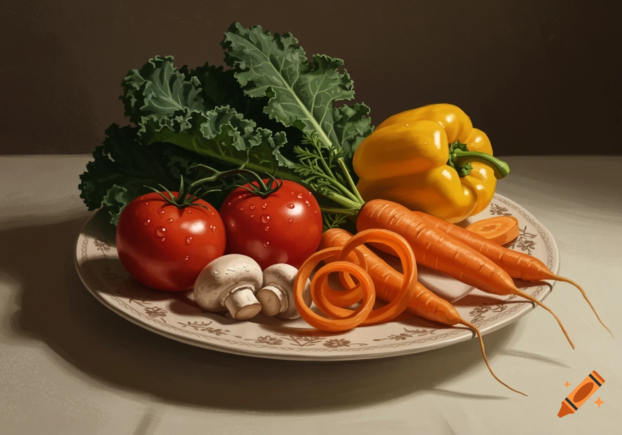 Still life painting of fresh vegetables including tomatoes, kale, a bell pepper, carrots, and mushrooms on a decorated plate.