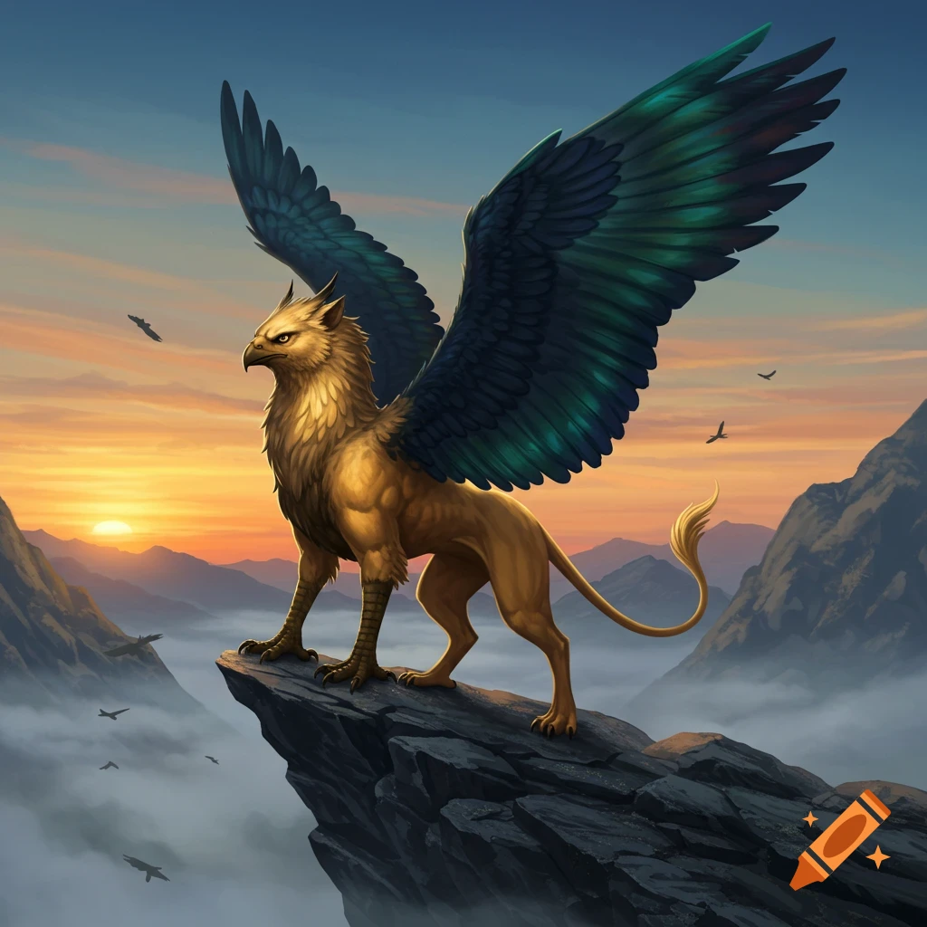 A majestic griffin with golden fur and large blue-green wings stands on a mountain peak at sunset over a misty valley.
