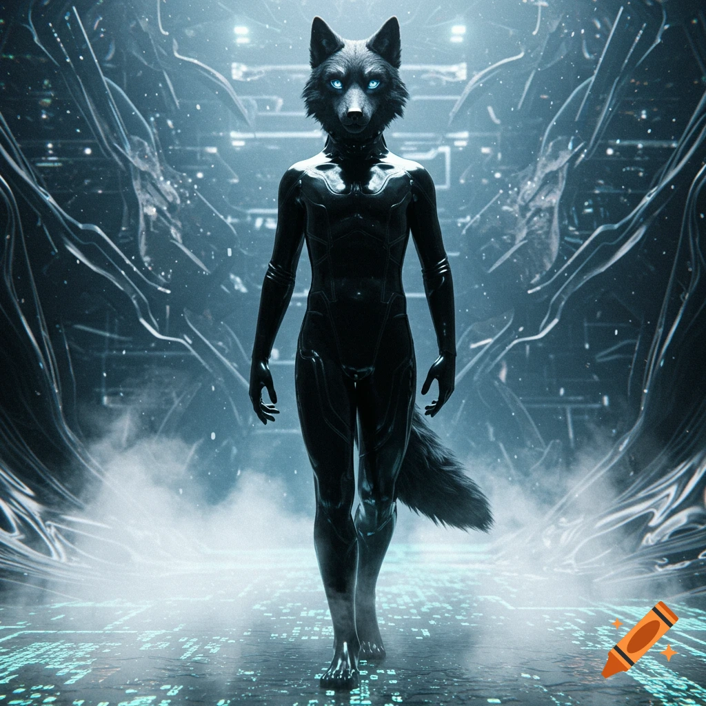 A black-suited wolf-humanoid with glowing blue eyes walks in a misty, dark futuristic hallway with digital patterns.