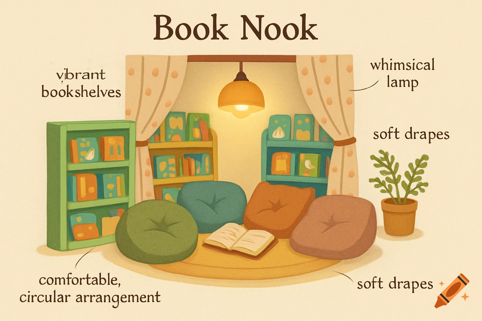 An illustrated book nook with bookshelves, round cushions, an open book, a lamp, and a potted plant, all labeled with descriptions like 'Book Nook' and 'vibrant bookshelves'.