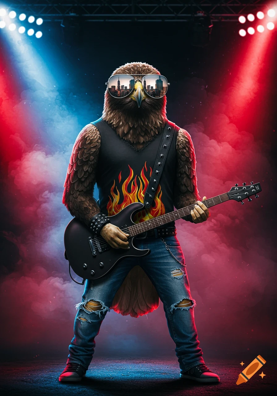 A photorealistic eagle wearing sunglasses and ripped jeans plays a black electric guitar on a stage lit with red and blue spotlights and smoke.