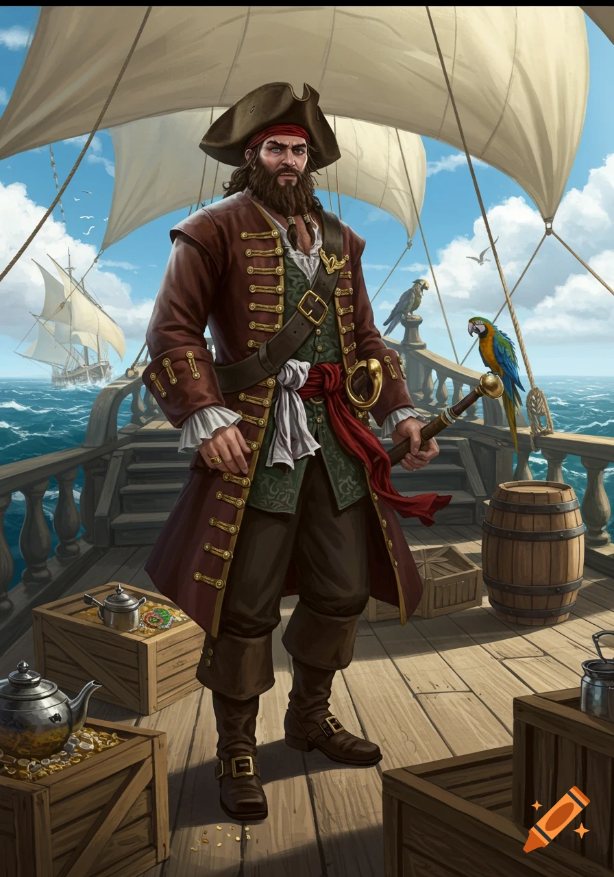 A bearded pirate in a red coat stands on a ship deck with crates, a parrot, and sails, under a blue sky.