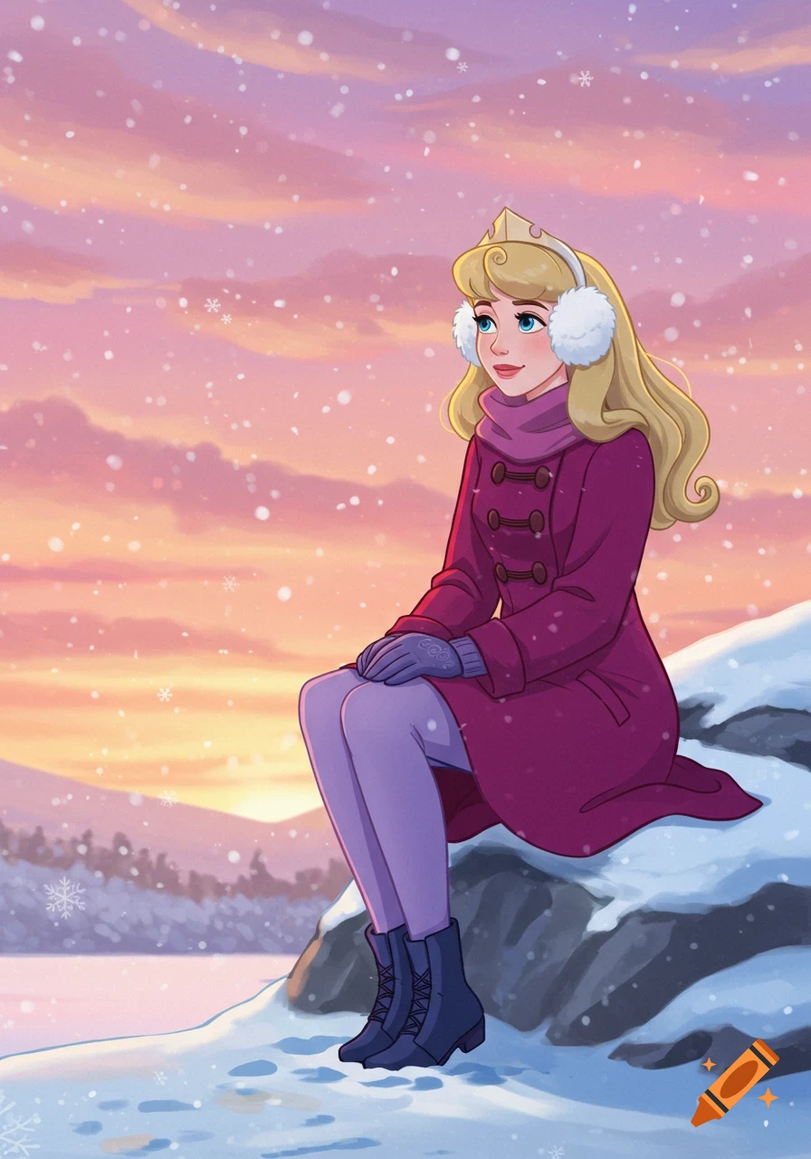 Princess Aurora in a magenta coat and earmuffs sits on a snowy rock at sunset, surrounded by falling snow in 2D digital art.