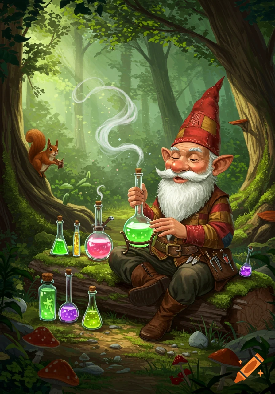 A whimsical gnome with a long white beard and red hat sits on a log in a forest, holding a glowing green potion flask. Various colorful potions surround him, and a squirrel watches nearby.