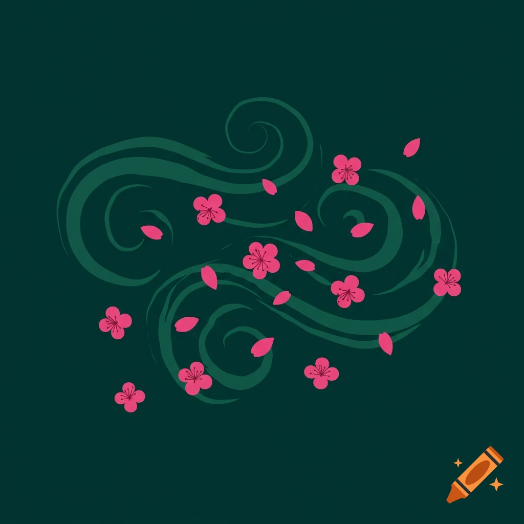 Stylized pink plum blossoms and petals blowing amidst green swirling wind currents on a dark background.