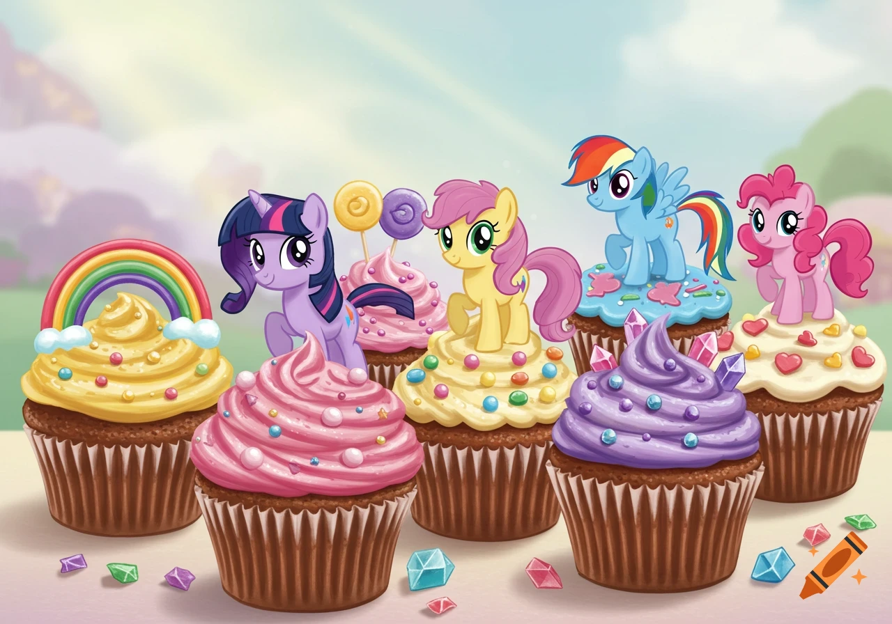 A vibrant illustration of various My Little Pony characters standing on top of colorful cupcakes with sprinkles and candy decorations.