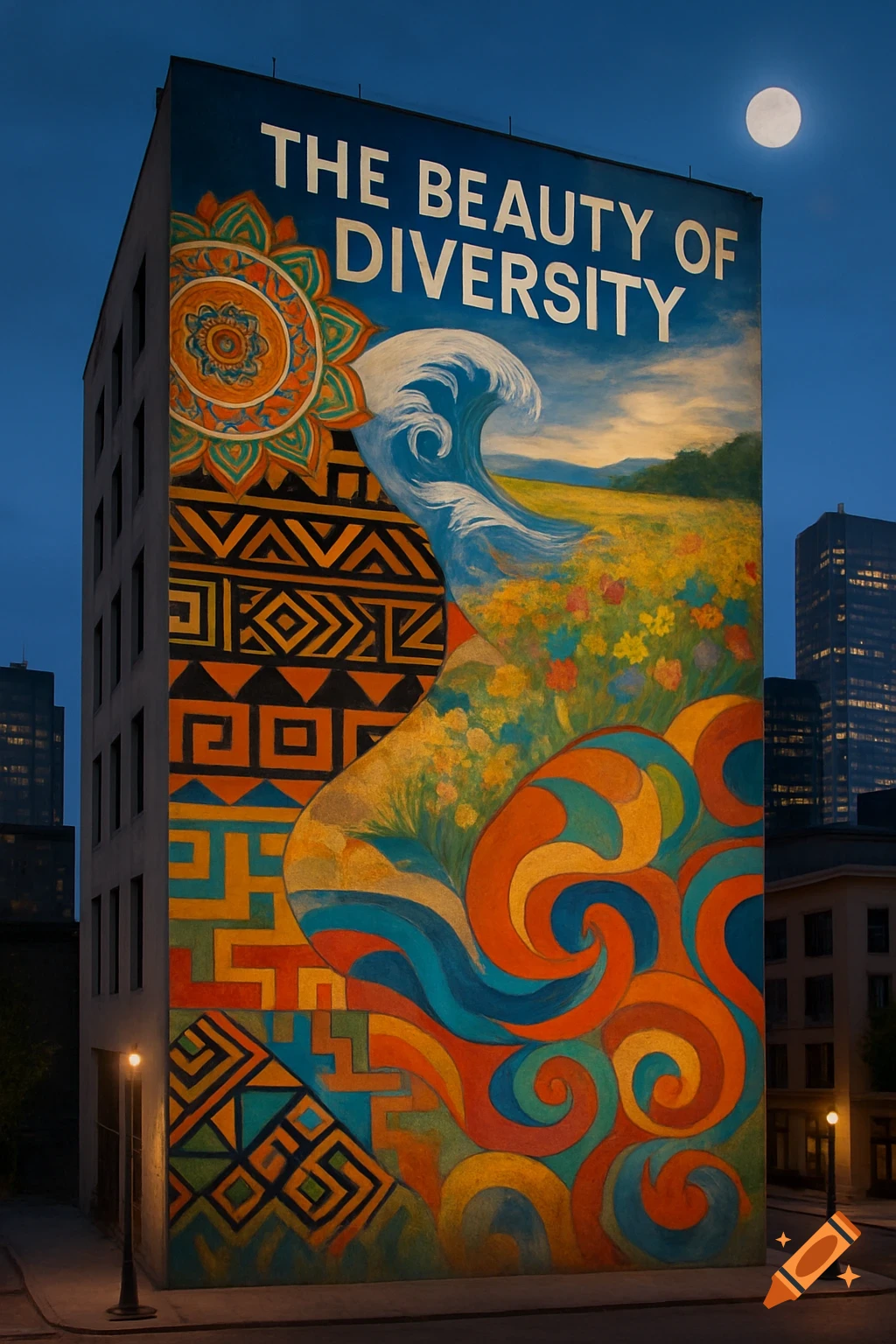 A large, colorful mural titled 'The Beauty of Diversity' on a city building at night, featuring diverse cultural art styles.