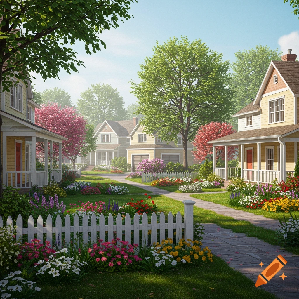 A serene neighborhood street with colorful flowering gardens and white picket fences in front of cozy homes.