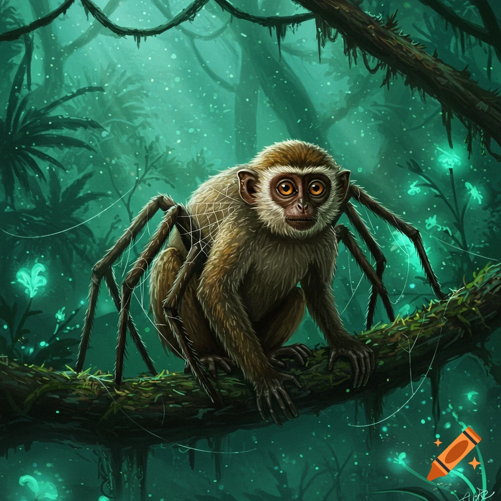 A creature with the head and body of a monkey and spider legs sits on a mossy branch in a glowing, dark green jungle, digital art style.
