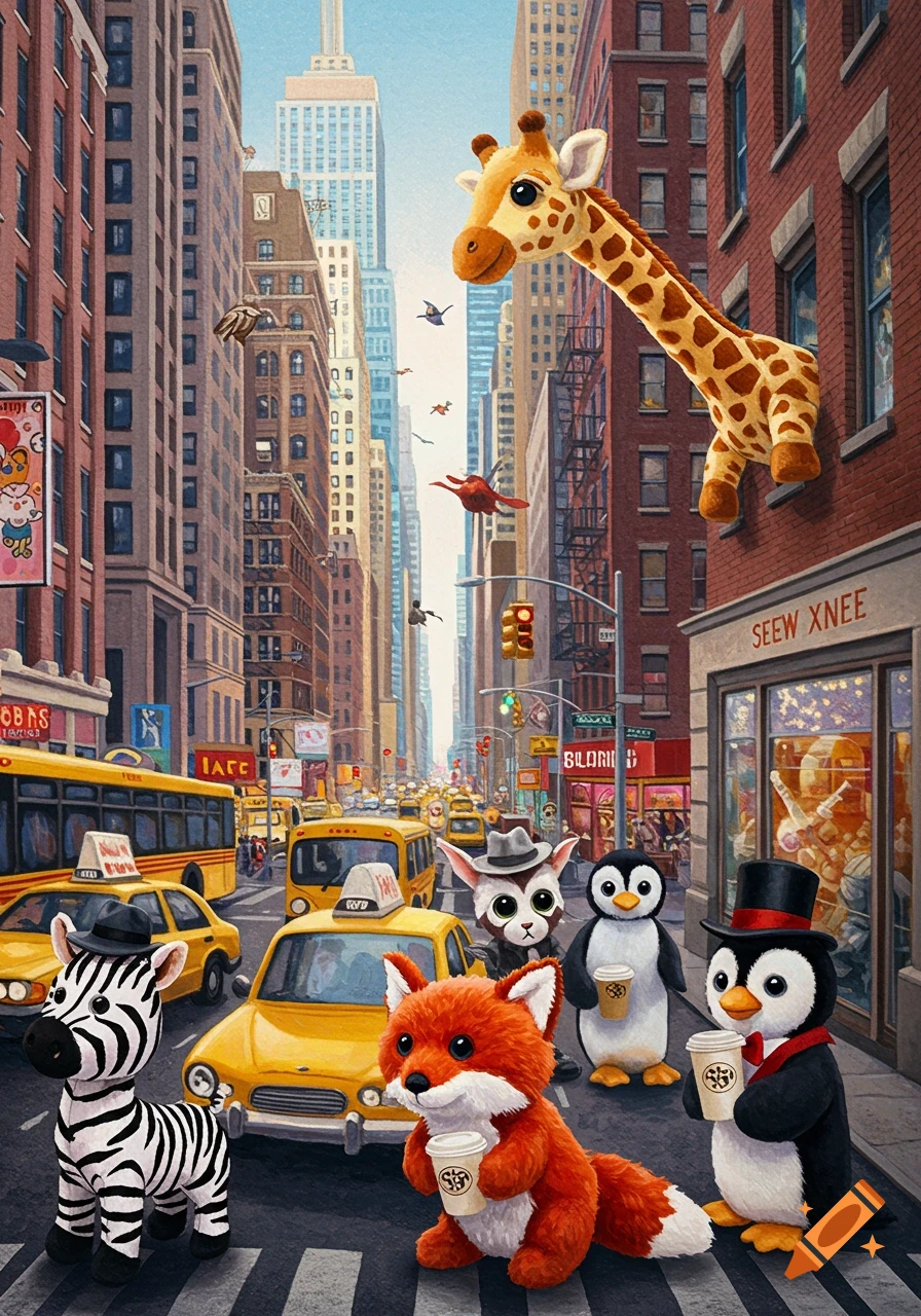 Cute plush animals, including a zebra, fox, penguins, and a giraffe, walk and peek out in a bustling New York City street scene with yellow cabs.