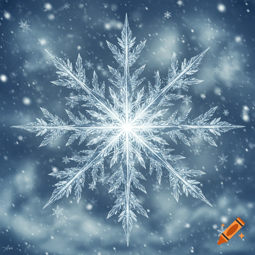 A close-up, detailed view of a shimmering ice crystal snowflake against a blurred snowy blue background.