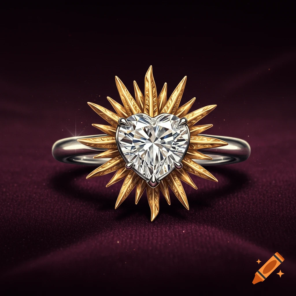 A close-up of a silver ring featuring a gold sunburst design surrounding a heart-shaped diamond, set on dark purple fabric.