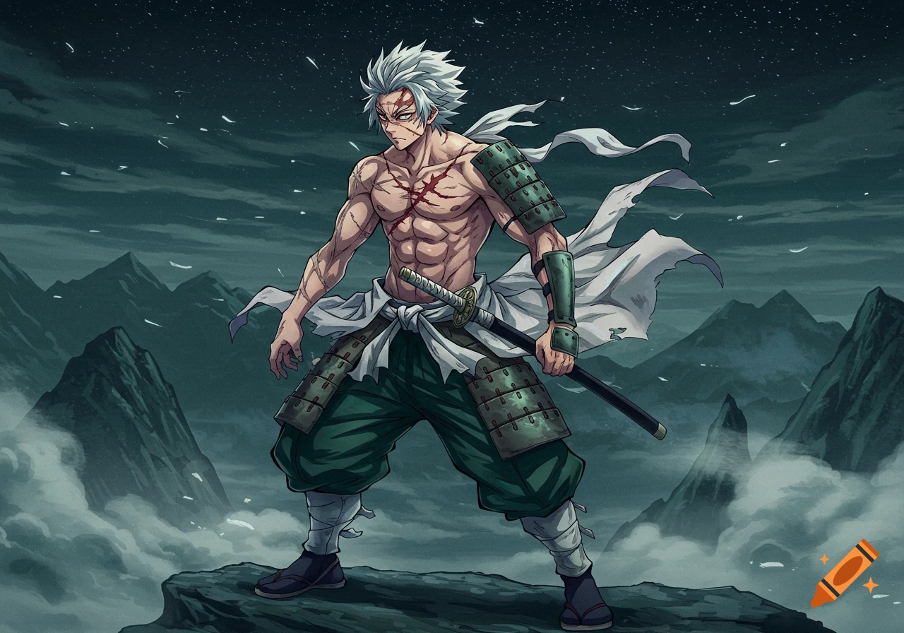 Anime warrior Sanemi Shinazugawa with white hair and scars, holding a katana, stands on a rocky mountain under a starry night.