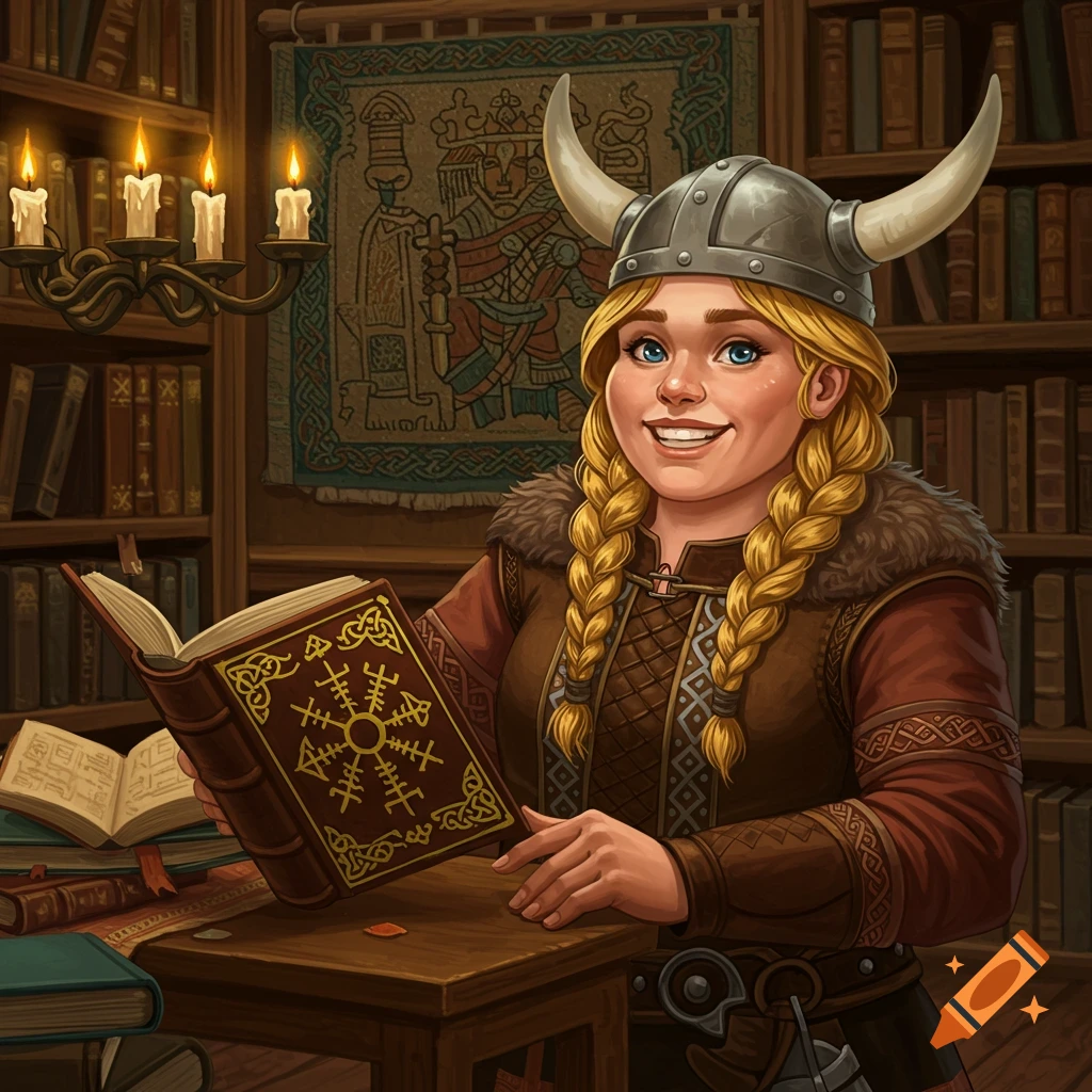 A smiling blonde woman with braided pigtails, wearing a horned viking helmet and fur-trimmed clothing, reads an ornate book in a cozy library.