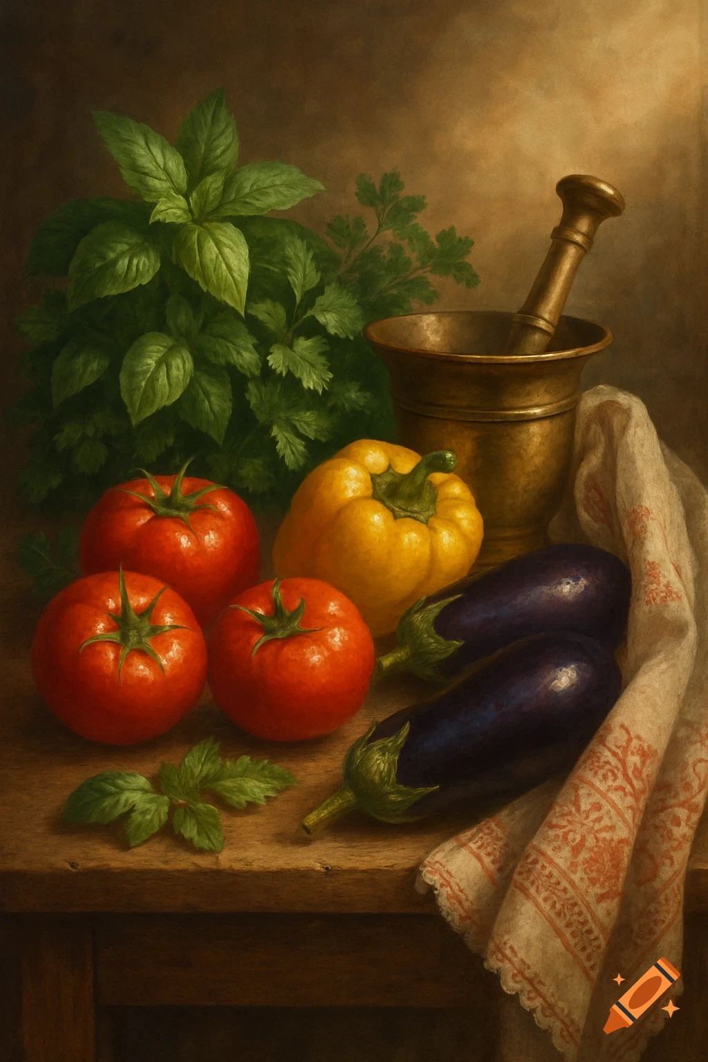 Still life painting of tomatoes, bell pepper, eggplants, and herbs with a mortar and pestle on a wooden table.
