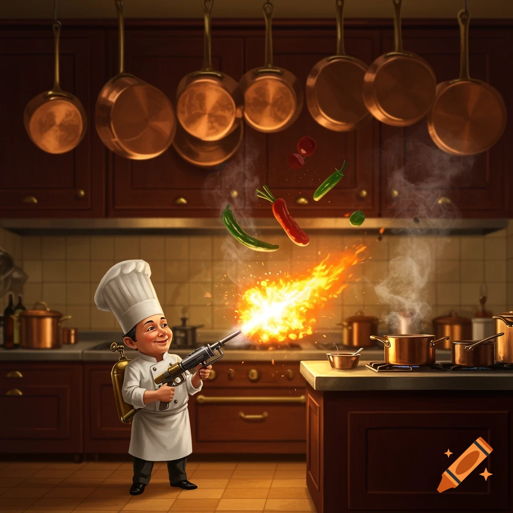 A tiny chef in a kitchen uses a flamethrower to cook, with vegetables flying through flames.