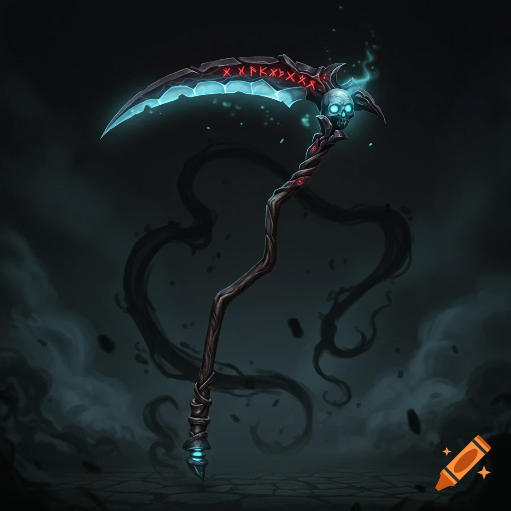 A dark fantasy scythe with a glowing blue blade, a skull at the hilt, and red runes, against a smoky dark background.