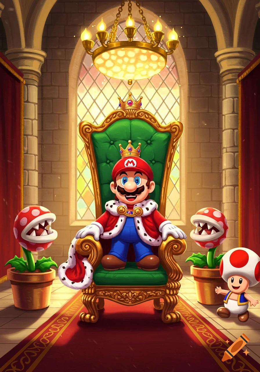 Mario sits on a grand green and gold throne in a castle hall, wearing a red king's robe and crown. Two Piranha Plants and Toad stand nearby.
