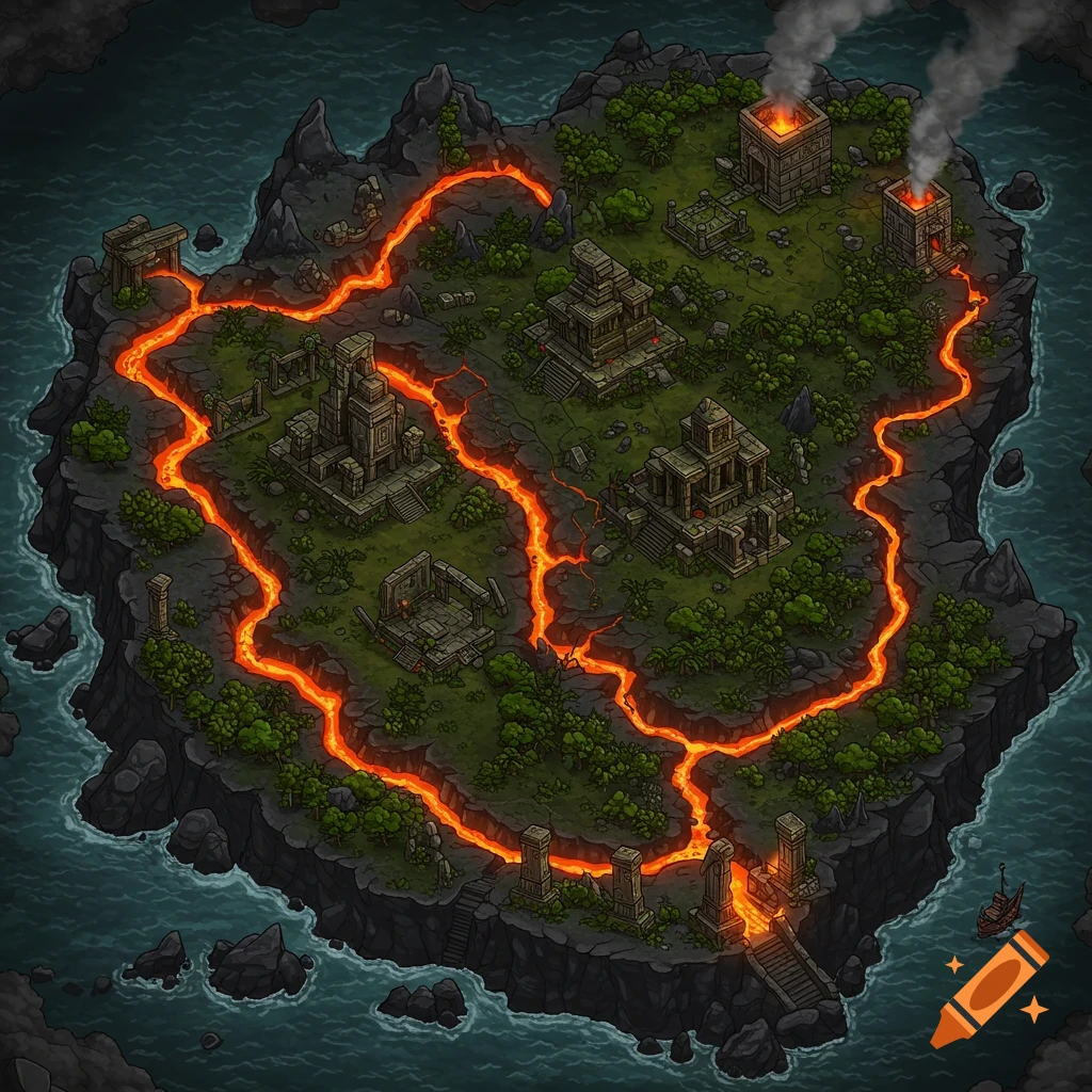 Top-down fantasy map of a volcanic island with glowing lava rivers, ancient stone ruins, dense jungle, and a small boat near the shore.