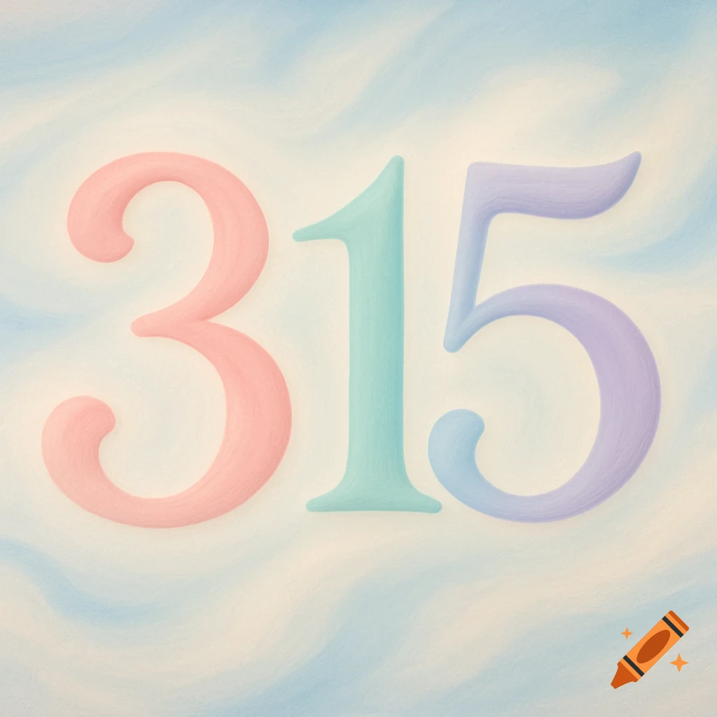 The number 315 rendered in soft pink, mint green, and lavender against a pastel blue and cream swirled background.